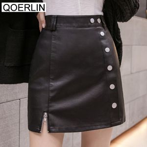 Qoerlin Vintage Girly Pu Leather Aline تنورة مع شورتات آمنة عالية الخصر السوستة الظهر غسلها قصيرة القصيرة تنورة مصغرة النساء Summer Saias 210412