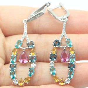 Dungle Chandelier 54x15mm Çok Renkli Altın Citrine London Blue Topaz Mystic Cz Kadın Düğün Gümüş Küpe