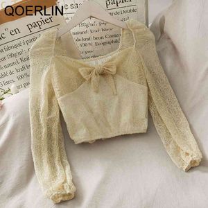 Qoerlin Elegancka koronkowa koszulka bluzki Seksowna pusta bowtie przycięte topy kobiece bluzki kobiety długie rękawy Sl 210412