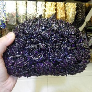イブニングバッグバラの花束シェルシェイプ紫色のクリスタルクラッチロマンチックバッグダイヤモンドパーティーハンドバッグ88303Evening