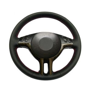 Ratthjul täcker bilinställning konstgjorda läderskydd för e46-325i svart handseswn interiördelar dekor accessoriessteering covers