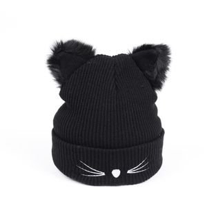 Cappello con orecchie pelose di gatto Berretto in maglia di lana calda Berretto con animali invernali per donna Ragazze Ragazzi in autunno inverno nero