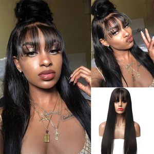 KISSHAIR 13x4 Lace Frontal Wig With Bang Natural Color Silky Straight Cuticle Aligned Indian Raw Virgin Human Hair Pre-plumed 4x4 Lace Closure Wig For Women 12-28 Inch