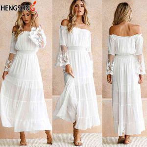 Sommer Sommerkleid Langes Frauen Weißes Strandkleid Trägerloses Langarm Lose Sexy Schulterfreies Spitze Boho Maxikleid G220510