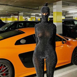Sıska Tulum Kadın Bodycon Tulum Kadın Spor Takım Elbise Streetwear Siyah See Rağmen Seksi Backless Metal Ince Parlak Sim 210709