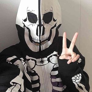 High Street Skeleton White Bone Men's and Women's Loose Zipper Quality 1:1 Thin Velvet Hoodie