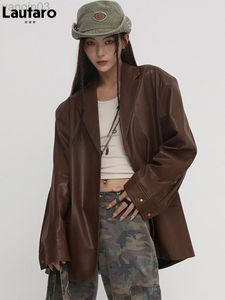 Lautaro Fall Overized Retro Brown Black Leather Blazer Long Sleeve Cool Loose Luxury Faux Leather Coats and Jackets Women L220801