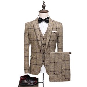 GiaccheGiletPantaloni Autunno Coreano Slim Check Completo da uomo d'affari britannico Tre pezzi Matrimonio Sposo Abito da uomo S4XL 220527