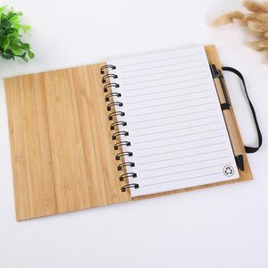 Novos Periódicos venda por atacado-New Wood Bamboo Capa Notebook Espiral Bloco de Notas Com Pen Folhas Recicladas Lined Papel presentes Viagem Jornal LJB14877