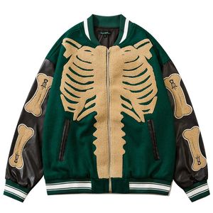 Men's Jackets Furry Skeleton Patchwork Color Block Baseball Men Hip Hop Streetwear College Bomber Jacket Couple Harajuku CoatsMen's