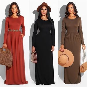 High Quality Autumn Winter Casual Women Maxi Dress Long Sleeve Patchwork Loose Dress Pocket Solid Color Elegant Women Robe T200320