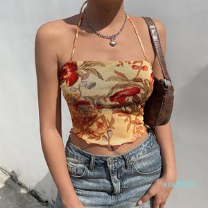 2022 Women's Tanks Camis Crop Top Mesh Veja através de Sexy Corset Frill Cross Halter Sorte