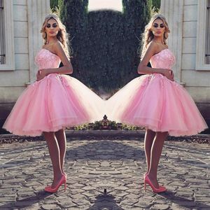TuTu Pink Knee Length Prom Dress Stylish Strapless Beaded Lace Appliques Pretty Cocktail Party Dress Puffy Tulle Short Lovely Even277B