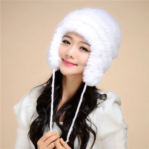 Women Fur Hats Rex Rabbit Winter Warm Earmuffs Cap Hand-Woven Cross Striped