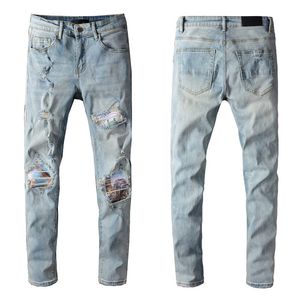 2022 Men Europe America Jeans Vintage Print Jeans Blue Black Designer Mans Slim Denim Straight Biker Skinny Pant Mens Ripped Streets Trouser