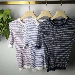 Mix 3 Colors Outdoor T-Shirts Temperament Round Collar Stripe Color Knitted Short-Sleeved T-shirt Tight Female Blouse