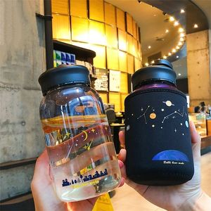 600ML Starry Sky Gradient Glass Water Bottle With Protective Bag Cute Fashion Leak Proof Cup for Girls Sport Drink Bottles 220307