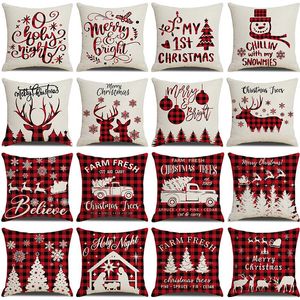 Cushion/Decorative Pillow Christmas Red And Black Plaid Cushion Cover 45x45cm Farmhouse Home Decor Linen Covers Elk Snowman Snowflake Pillow