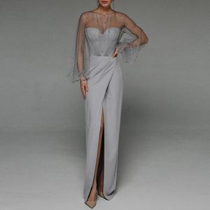 Casual Dresses Party Women Evening Elegant Puff Sleeve Hollow Out Mesh Strapless Bodycon Dress Backless Split Prom Wedding Maxi