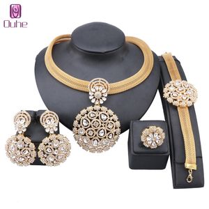 Women Bridal Set Dubai Gold Color Crystal Full Rhinestone Necklace Bracelet Earrings Ring Party Fashion Jewelry Sets