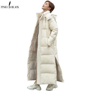 Pinkyisblack x-Long с капюшоном Parkas Fashion Winter Jacket Женщины. Повседневная хлопковая зимняя пальто Женщины теплый переход 201214