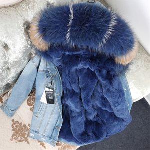 Oftbuy Winter Jacket Women PRAWDZIWA FURT PŁATKA PARA PREAT RACCOON FLARL REX Rabbit Liner Striped Bomber Denim Kurtka Streetwear 201125