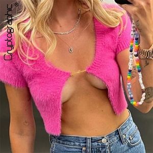 Cryptographic Chic Fashion Mohair Sexy Tops for Women Short Sleeve Cardigan Autumn Letters Chain Elegant Top Knitwear Clothes 220408