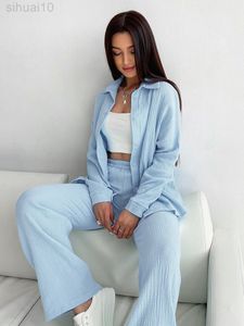 Hiloc Blue Cotton Pajamas for Women Sets Damskie stroje Lapel Long Rękaw nocne presie Samice Suits 2022 PAJAMA L220803