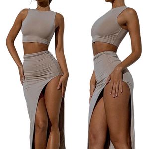 Frauen Sexy Zwei-stück Kleidung Set kleid Einfarbig Runde Kragen Weste und Hohe Taille Split Lange Schlitz Rock