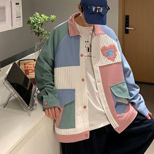 Kurtki damskie 2022 męskie Vintage Color Block Patchwork sztruksowy ręcznik haftowana kurtka w kształcie serca Kawaii płaszcz klapa hiphopowa odzież wierzchnia Unisex