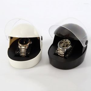 Scatole per orologi Custodie Creative Scatola portaoggetti di alta qualità a forma di casco Organizzatore Espositore nero Custodia in plastica Vassoio BoxWatch Hele22