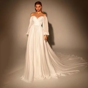 Poza ramionami Crisscross 3D szyfonowa sukienka ślubna prosta bez pleców długi puchanie rękawy ślubne Suknie Vestido de novia szatę Mariee