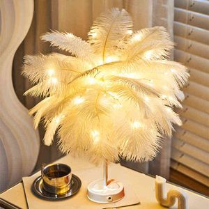 LED Remote Control Feather Table Lamp USB/AA Battery Power DIY Creative Light Tree Feather Lamp Shade Wedding Home Bedroom Decor H220423
