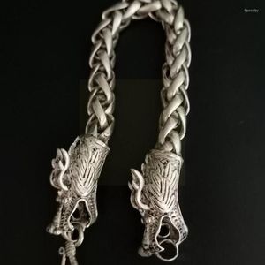 Catena a maglie da collezione Old Tibet Silver Weave Bracciale placcato drago cinese Double Hollow Silv P9t7 Fawn22