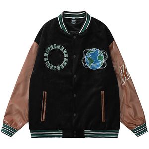 Rotating Globe Pattern Embroidery Bomber Jacket Men Leather Splicing Sleeve Spring Fall Retro Loose Baseball Uniform Casual Coat 220805