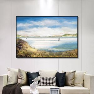Abstraktes weißes Segelboot im Meer, Leinwandgemälde, nordische Landschaft, Poster und Druck, Wandkunst, Bild für Wohnzimmer, Heimdekoration