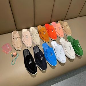 Suede leather Charms Walk Slippers italians luxury Lock Buckles designer Womens Summer Flats Half Slipper loafers ladies plus size 45 46