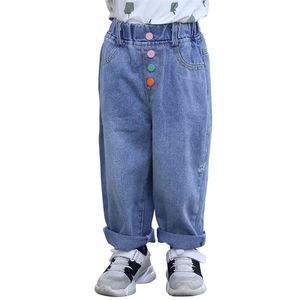 Jeans flicka färgglada knapp barn jeans för flicka casual stil barn jeans höst småbarn baby flicka kläder 210412