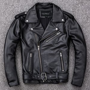 Spring Classical Motorcycle Oblique Zipper Jackets Men Leather Jacket Natural Calf Skin Thick Slim Cowhide Moto Jacket Man 220728