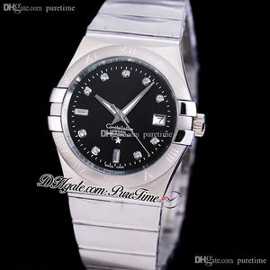 38mm clássico A8500 Mens Automático Assista Black Dial Diamantes Marcadores de Aço Inoxidável Pulseira de Aço Inoxidável Relógios 123.10.38.21.51.001 Puretime G39A1