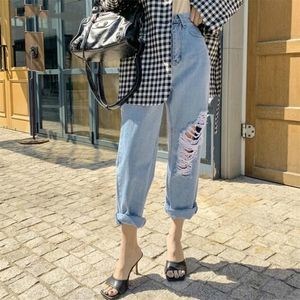 Mozuleva Summer Casual High Waist Harem Jeans Women Loose Female Denim Jeans Pants Streetwear Ripped Hole Denim Trousers 201109