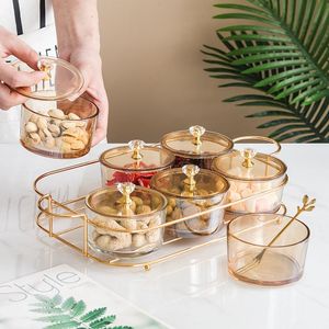 Aufbewahrungsflaschen Gläser Nordic Luxus Glas Trockenobsttablett mit Deckel Runde geteilte Servierschalen Party Dessert Nüsse Candie TransparentStorage