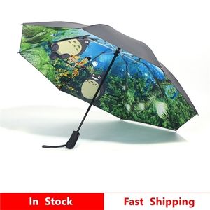 Anime Automático Totoro Rain Sun Umbrella para mulheres à prova de vento Glibli Studio UV portátil de alta qualidade Parasol Y200324