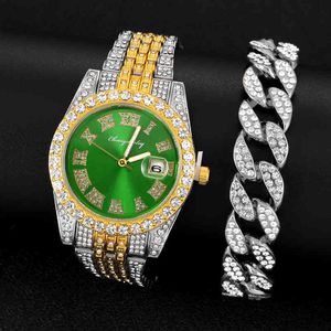 2022 Men Watch Luxury Hip hop Iced Out Gold Watch with Bracelet Cuban Chain Quartz Square Relogio Masculino GroomsmenJGXN