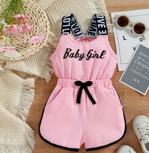 Children letter print jumpsuits cotton baby rompers suspenders bow romper kids one-piece set