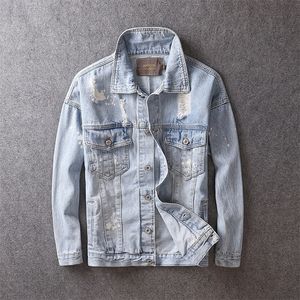 Koreansk stil mode streetwear män jacka retro ljus blå rippade rockar punk denim jackor män förstörde hip hop jackets hombre t200502