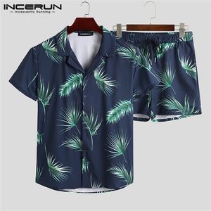 Incerun moda baskılı erkekler Hawaiian setleri plaj kısa kollu yaka yaz gündelik gömlek şort sokak kıyafeti erkek takım elbise s 5xl 220621