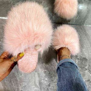 2022 Winter Home Shoes Women House Slippers Warm Faux Fur Ladies Cross Soft Plush Furry Female Cover Toe Slides Fashion Shoes G220730
