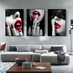 Moderne sexy rote Lippen Frau Porträt Kunst Wandbild Druck Mode Frau Poster Leinwand Kunst Schönheit Wandbild Malerei Home Bar Decor