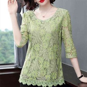 Kobiety w stylu wiosennym w stylu letnim bluzki koszule Lady Casual Half Sleeve Flower Printed Lace Blusas Tops ZZ0333 210401